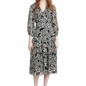 Shoshanna Aria Aceline Black Pink Floral Chiffon Surplice V-Neck Midi Dress - 6